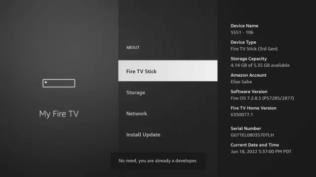 Fire TV My Fire TV developer options screen